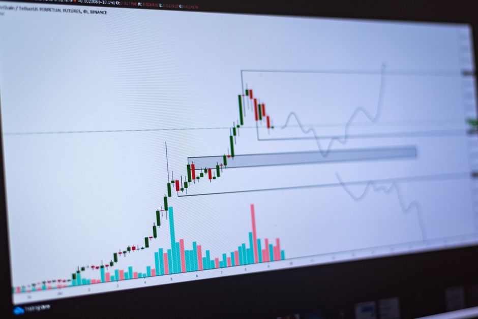 Detailed view of a cryptocurrency trading chart on a computer screen, showing market trends and price movements.
